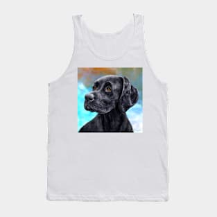 Painting of a Black Labrador on a Blue and Brown Background Tank Top